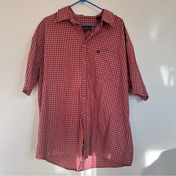 Men’s Timberland Weathergear Short Sleeve Red White Plaid Button Down Shirt XL - Picture 1 of 8